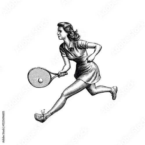 Vintage Female tennis player illustration, drawn in an engraved, woodcut style with fine details sketch engraving vector illustration. Scratch board imitation. Black and white image. 