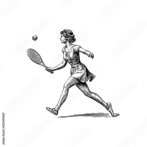 Vintage Female tennis player illustration, drawn in an engraved, woodcut style with fine details sketch engraving vector illustration. Scratch board imitation. Black and white image. 