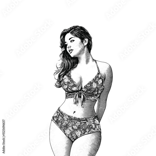 Vintage Female in floral bikini illustration, drawn in an engraved, woodcut style with fine details sketch engraving vector illustration. Scratch board imitation. Black and white image.