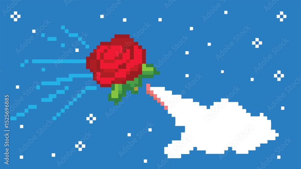 Fototapeta premium Pixel art floating red rose with white cloud elements on a blue background