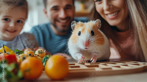 A hamster on a cutting board with a family looking on and some vegetables in the foreground near them