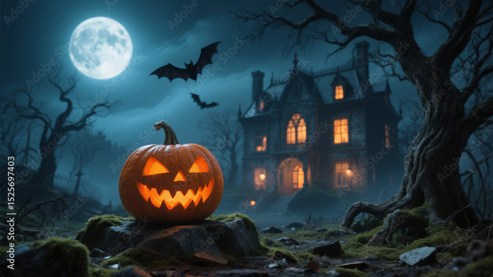 A carved pumpkin with glowing orange eyes and a jagged smile sits perched on rocky terrain, its expression mischievous yet sinister. Halloween, Halloween Costumes, Halloween Background A carved pumpkin with glowing orange eyes and a jagged smile sits perched on rocky terrain, its expression mischievous yet sinister. Halloween, Halloween Costumes, Halloween Background