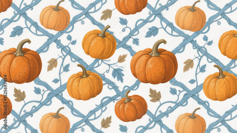 A charming and elegant autumn-themed pattern featuring hand-drawn pumpkins in warm orange hues, surrounded by delicate blue vines and leaves on a crisp white background. Halloween, Halloween Costumes A charming and elegant autumn-themed pattern featuring hand-drawn pumpkins in warm orange hues, surrounded by delicate blue vines and leaves on a crisp white background. Halloween, Halloween Costumes