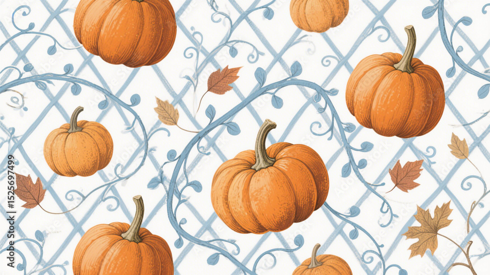 A charming and elegant autumn-themed pattern featuring hand-drawn pumpkins in warm orange hues, surrounded by delicate blue vines and leaves on a crisp white background. Halloween, Halloween Costumes A charming and elegant autumn-themed pattern featuring hand-drawn pumpkins in warm orange hues, surrounded by delicate blue vines and leaves on a crisp white background. Halloween, Halloween Costumes