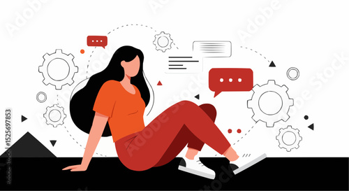Illustration of a woman sitting with gears and chat bubbles for communication and technology concepts design