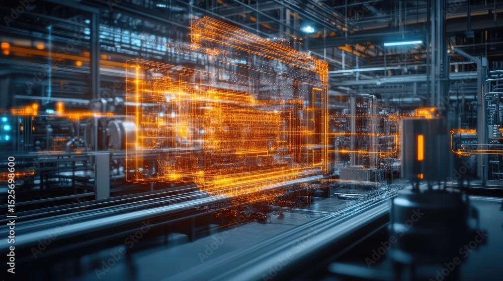Fototapeta premium Digital twin model of pharmaceutical manufacturing process displayed on a holographic screen