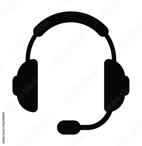Black silhouette headset with microphone icon. Symbol for customer service, online support, communication, tech help, call center, and virtual assistance. Clean, simple vector graphic.
