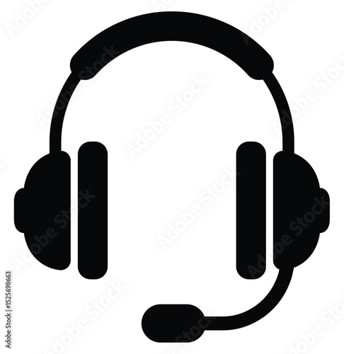 Black silhouette headset with microphone icon. Symbol for customer service, online support, communication, tech help, call center, and virtual assistance. Clean, simple vector graphic.