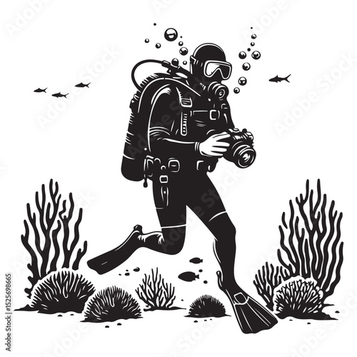 Scuba diver exploring vector illustration