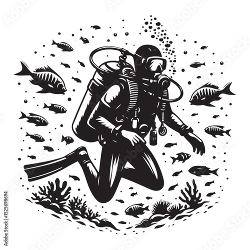 Scuba diver exploring vector illustration