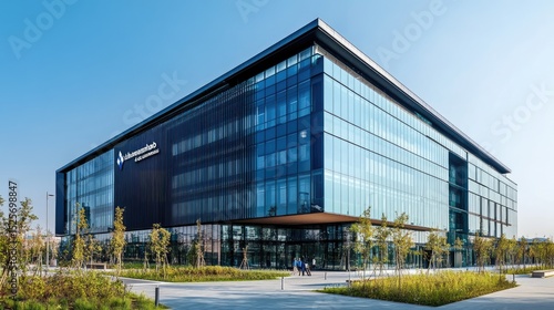 Exterior of modern pharmaceutical company headquarters with sleek glass faade and company signage under clear sky