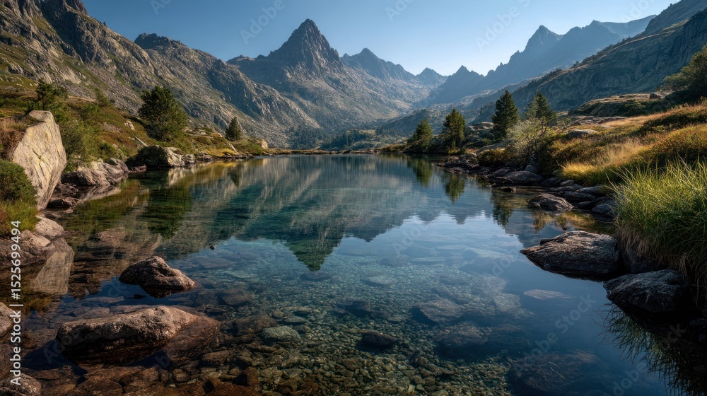 Obraz premium Tranquil mountain lake reflecting rugged peaks beneath a clear blue sky