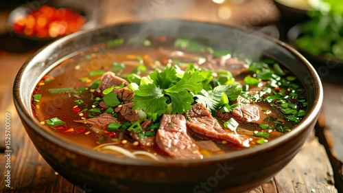 Steaming Bowl of Beef Noodle Soup with Cilantro and Green Onions Comforting and Aromatic Meal on Rustic Table
