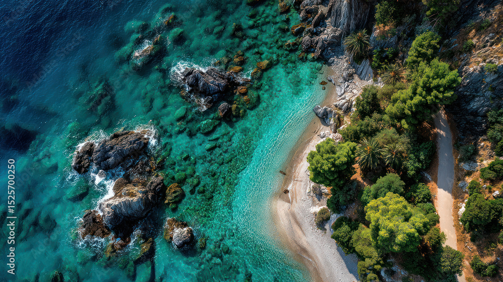 Obraz premium Tropical beach with clear turquoise water and rocky coastline surrounded by lush green trees perfect for nature and travel lovers.