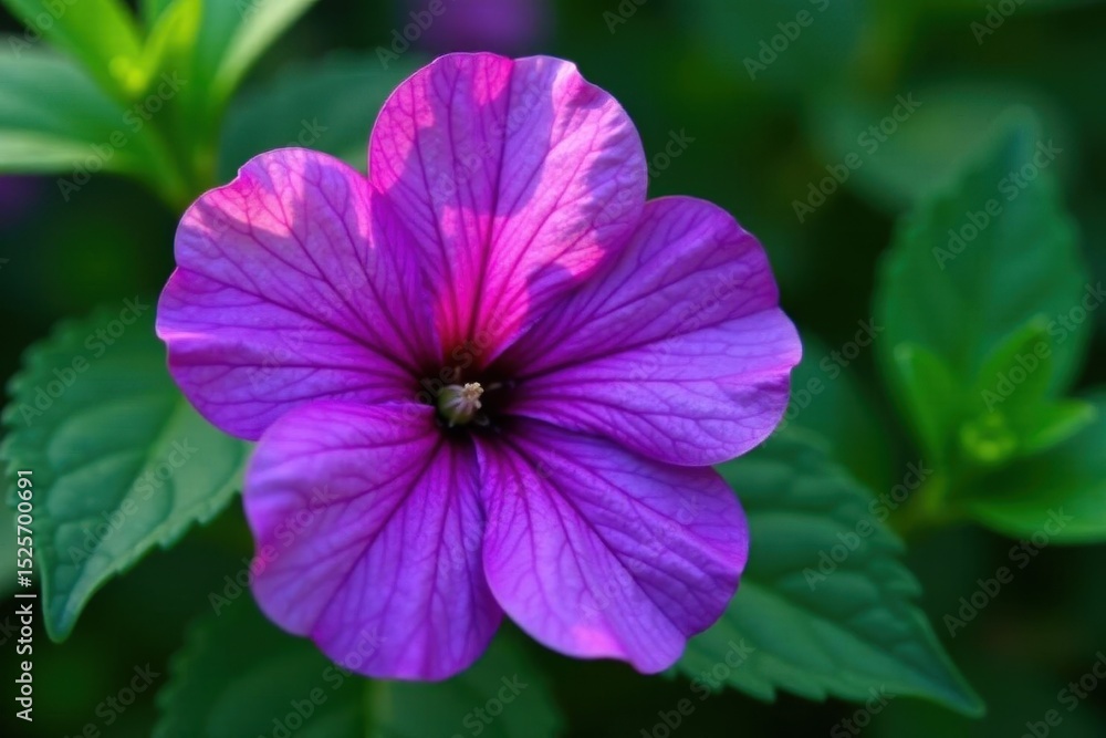 Deep purple flower, delicate petals, rich green foliage, purple bloom, plant life, garden Deep purple flower, delicate petals, rich green foliage, purple bloom, plant life, garden