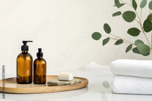 A serene and minimalist bathroom setup featuring amber-colored dispenser bottles for soap or lotion, a small bar of white soap on a stone tray, and neatly folded white towels, accented by a eucalyptus
