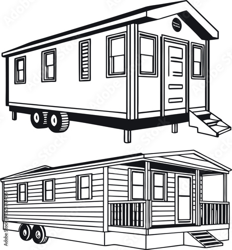 A cozy mobile home featuring a chimney, several windows, and a small staircase leading up to its inviting front door.
