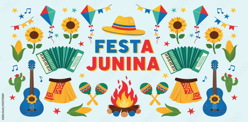 Fototapeta premium Festa Junina celebration Banner, Greeting Card, Poster. Brazil June Festival Design. Folklore Holiday. Guitar, Accordion, Cactus, Sunflower, Campfire, Garland. Festa de Sao Joao Vector illustration