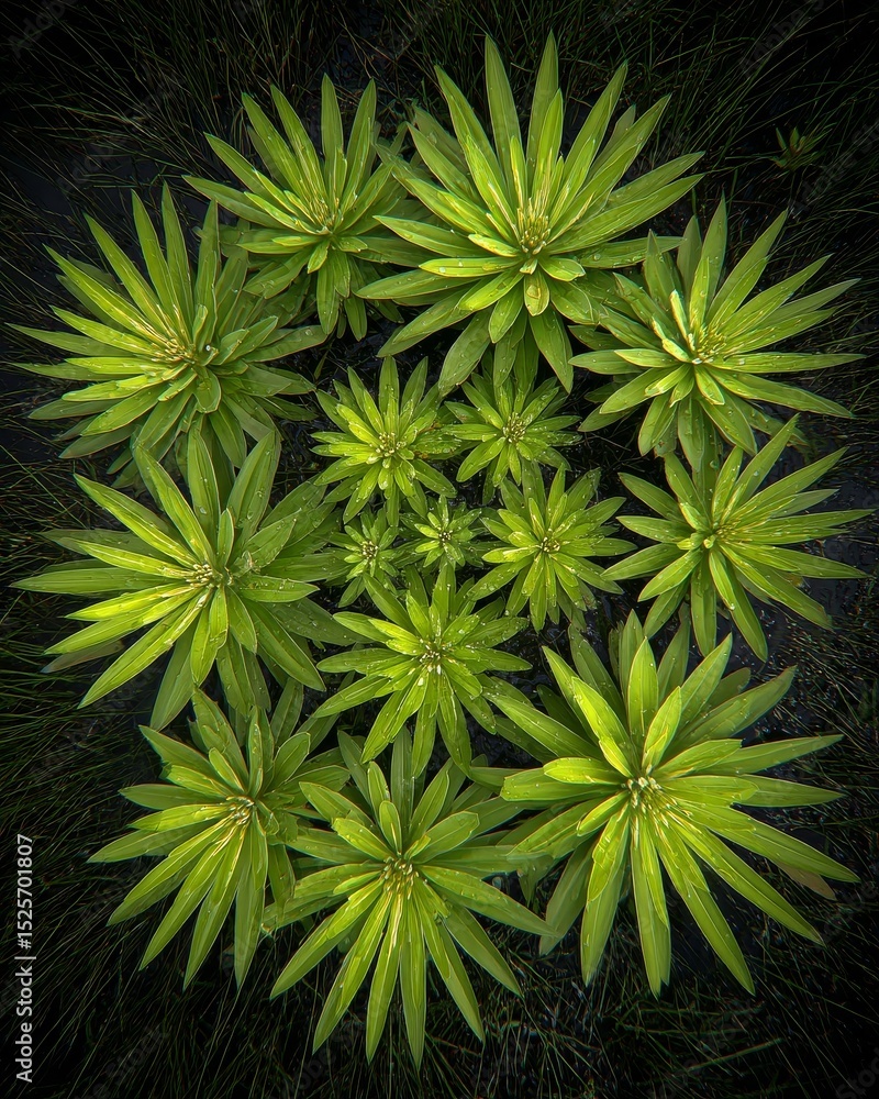 Fototapeta premium A captivating top-down view of a cluster of vibrant green aquatic plants with star-shaped leaves and water droplets on a dark background.