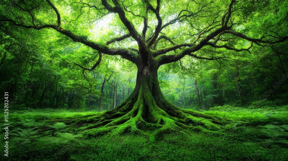 Obraz premium A majestic ancient tree with massive moss-covered roots thrives in a vibrant green forest filled with lush ground vegetation and ferns.