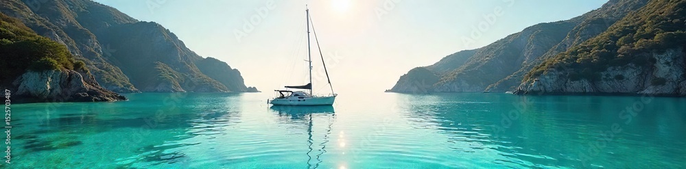 A small sailboat peacefully anchored in a calm, turquoise bay The sun shines on the clear water, reflecting off the hull Tranquil scene perfect for travel or nautical themes , calm, bay, sky A small sailboat peacefully anchored in a calm, turquoise bay The sun shines on the clear water, reflecting off the hull Tranquil scene perfect for travel or nautical themes , calm, bay, sky