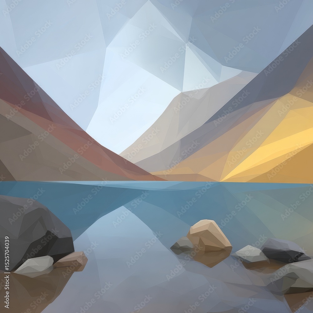 Low-poly geometric digital landscape of mountains, lake, and rocks in abstract natural scene Low-poly geometric digital landscape of mountains, lake, and rocks in abstract natural scene