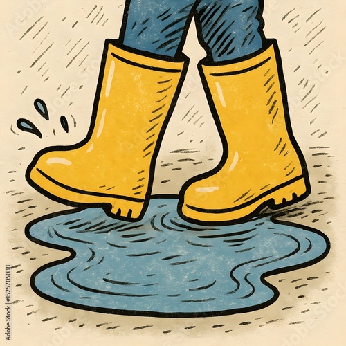 Yellow gumboots walking through a puddle