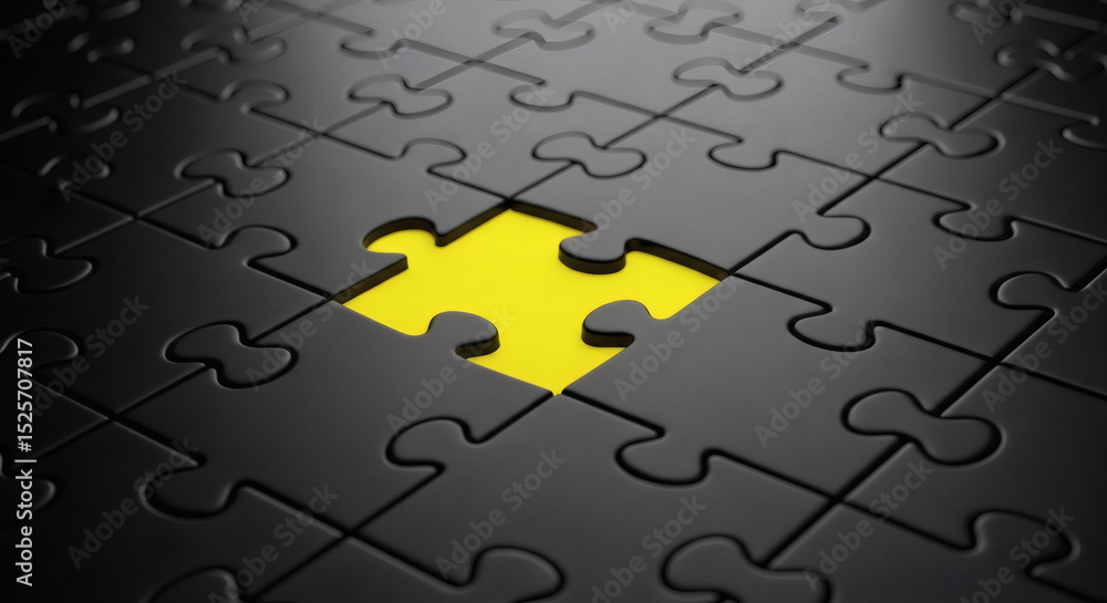 Fototapeta premium A close up of a black puzzle with a missing piece revealing a bright yellow background underneath it