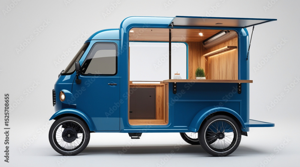 Fototapeta premium AI Generative. Blue Three-Wheeled Food Cart with Open Side. 20