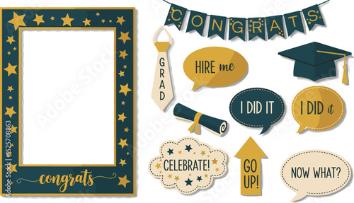 Graduation party photo booth props. Frame with congratulations lettering text, Photobooth vector element. Concept for selfie. Congrats grad quote. Gold and black decoration for celebration