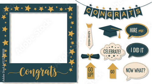 Graduation party photo booth props. Frame with congratulations lettering text, Photobooth vector element. Concept for selfie. Congrats grad quote. Gold and black decoration for celebration