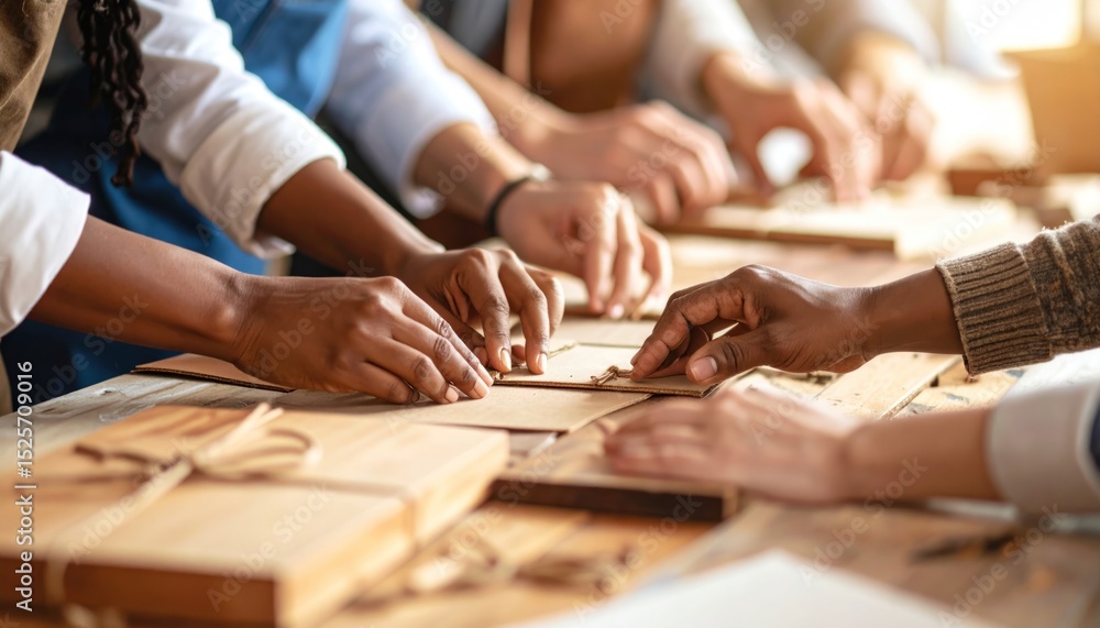 Diverse hands working on wooden crafts Diverse hands working on wooden crafts