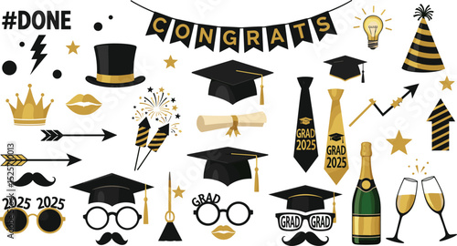 Photo booth props for graduation party. Congrats graduates. Photobooth vector set in gold and black. Hat, diploma, bubbles with funny quotes. University, school, academy grad symbol