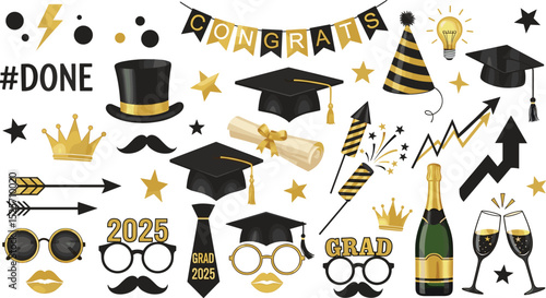 Photo booth props for graduation party. Congrats graduates. Photobooth vector set in gold and black. Hat, diploma, bubbles with funny quotes. University, school, academy grad symbol