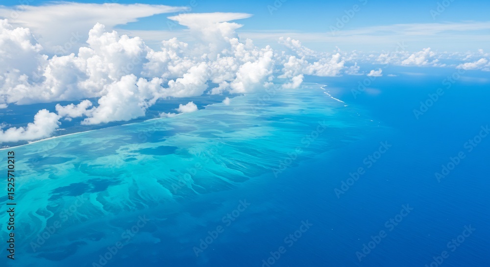 Naklejka premium Aerial view vibrant turquoise ocean shallows bright sunlight puffy clouds. AI Generated