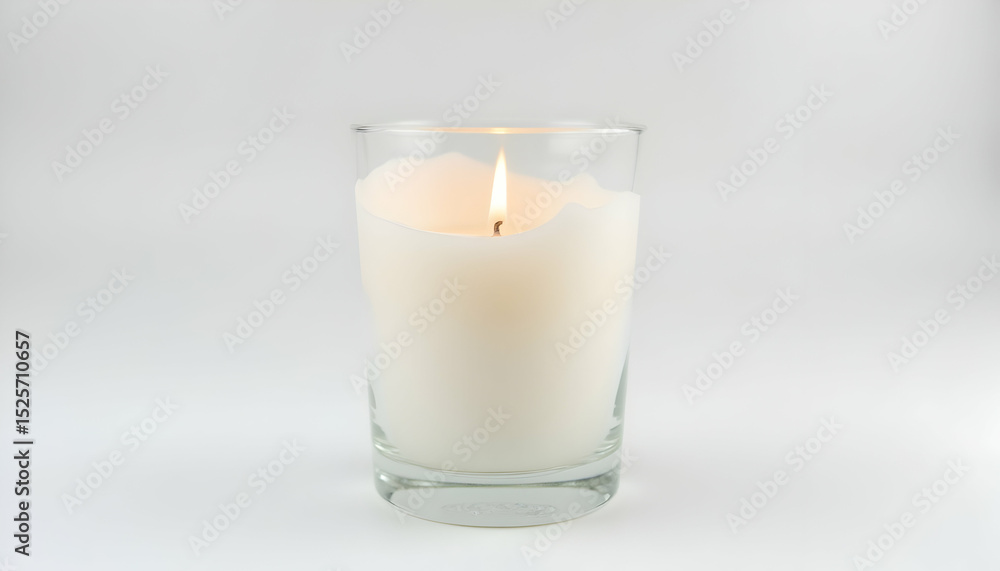 Burning Candle in Glass Container on White Background Burning Candle in Glass Container on White Background