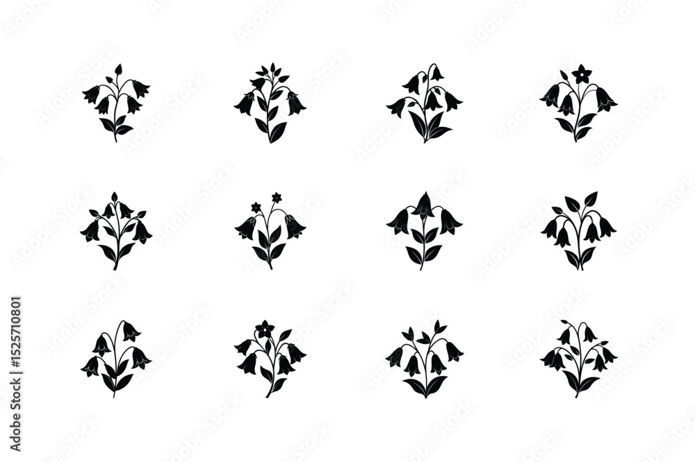 Naklejka premium Canterbury bells flower set with elegant floral elements in bloom vector illustration.