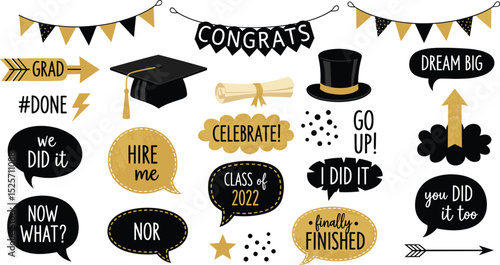 Photo booth props for graduation party. Congrats graduates. Photobooth vector set in gold and black. Hat, diploma, bubbles with funny quotes. University, school, academy grad symbo