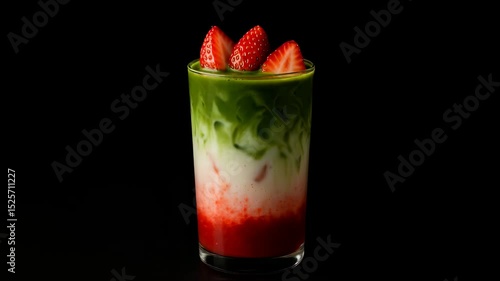 Strawberry matcha latte in black background for advertisement