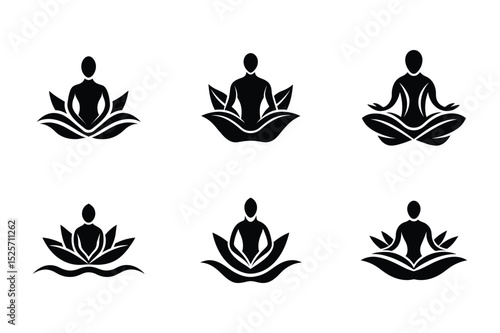 Meditation logo set in silhouette showing peace and mindfulness themes vector illustration.