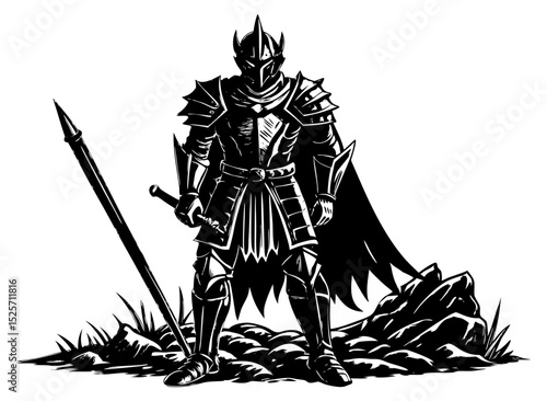 A formidable monochrome illustration of a knight in full plate armor, wielding a sword and standing heroically in a landscape of grass and rocks.