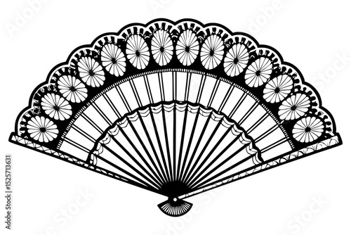 A detailed black and white illustration of an open, traditional Japanese or Spanish hand fan with intricate circular patterns.