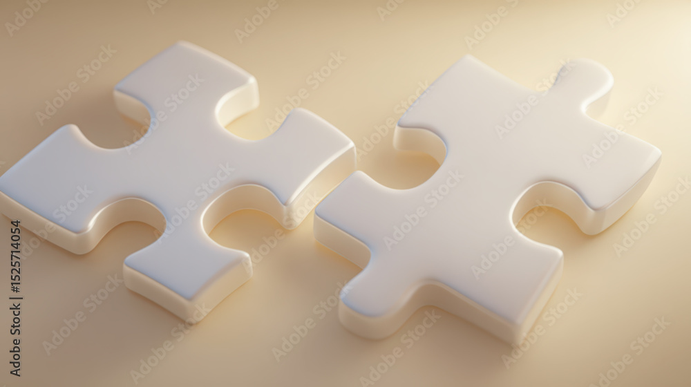 Two clean, white puzzle pieces clicking perfectly together. Representing solutions, partnership, completion Two clean, white puzzle pieces clicking perfectly together. Representing solutions, partnership, completion