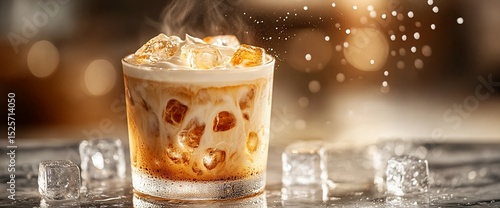 Iced latte with coffee and milk swirls, topped with cream and ice cubes