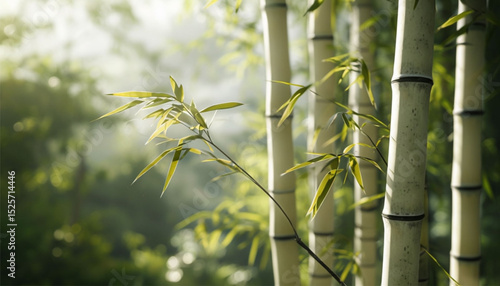 Green bamboo stalks sway gently in the enchanting morning light.