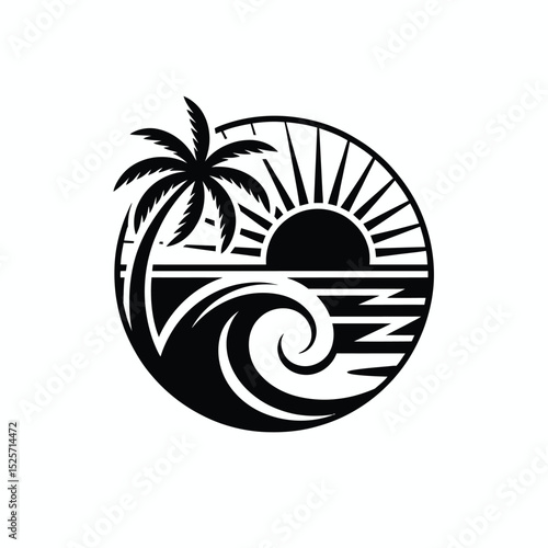 Tropical beach with palm tree wave and sun in black and white