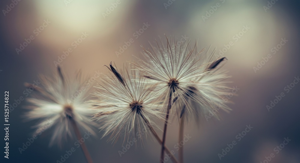 Obraz premium Serene Close-Up of Delicate Dandelion Seeds Heads in Soft Natural Light, Peaceful Nature Photography