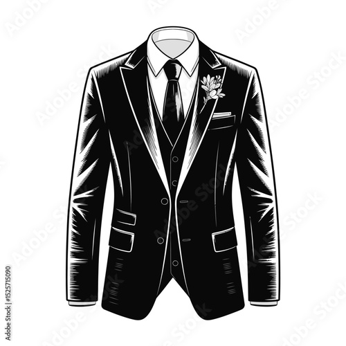 Elegant Black Suit with Vest Tie and Boutonniere Illustration