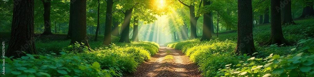 Fototapeta premium Sun-dappled forest path winds through lush green canopy, sunlight filtering through leaves, creating a magical atmosphere Perfect for nature, travel, and adventure themes , dirt, woodland