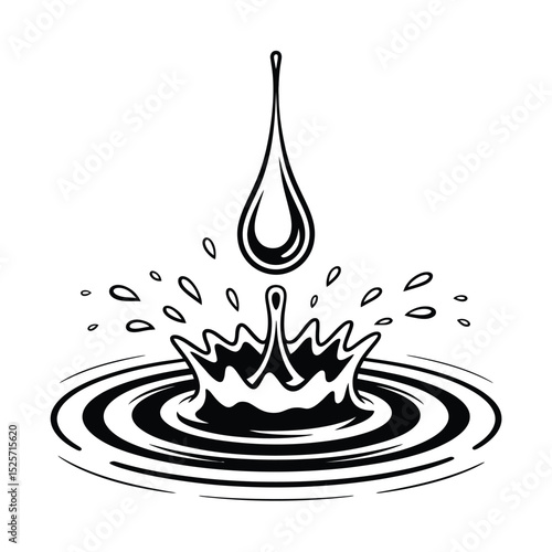 Stylized Water Drop Impacting Surface Creating Splash and Ripples in Black and White